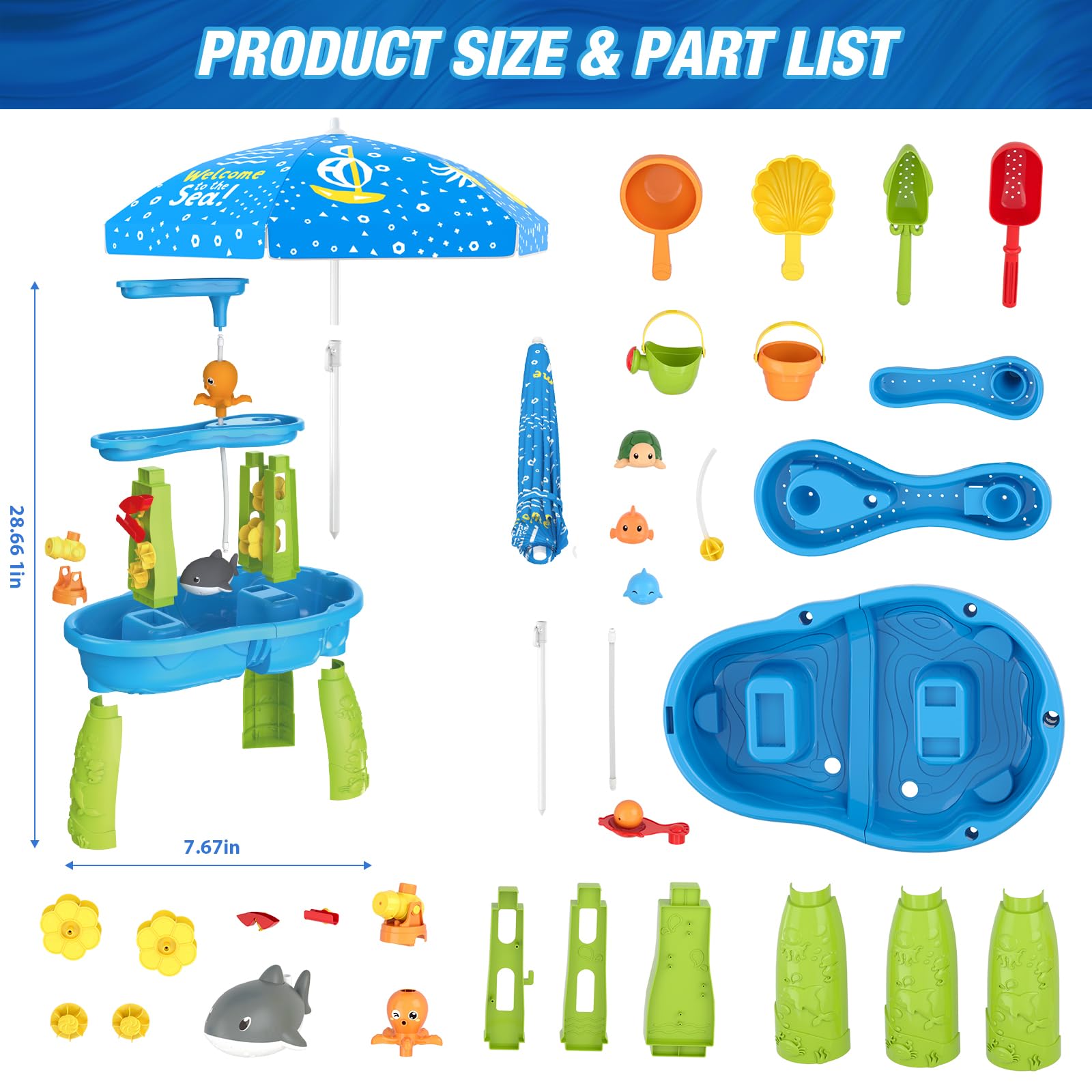 HYES 3-Tier Water Table for Toddlers 3-5 With Umbrella, Pump, Cover - Rain Showers Splash Pond for Outdoor Beach, Activity Sensory Play for Boys Girls