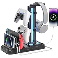 KDD Headset Stand with Phone Holder - Detachable Controller Holder with 9 Light Modes - Rotatable Headphone Hanger with USB C