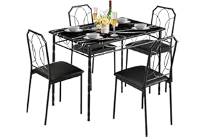 VECELO 5 Pieces Sets,43.3" Table&Chairs for 4,Industrial Counter Height Tabletop with Bar Stools, Rectangle Breakfast Chairs, Living Room, Apartment, Dining Table for 4, Black