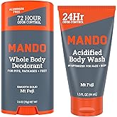 Mando Smooth Solid Stick (2.6 Ounce) + Acidified Body Wash (1.5 Ounce) - Clinically Proven to Block Odor All Day - Whole Body Safe For Pits, Packages + Feet (Mt Fuji)