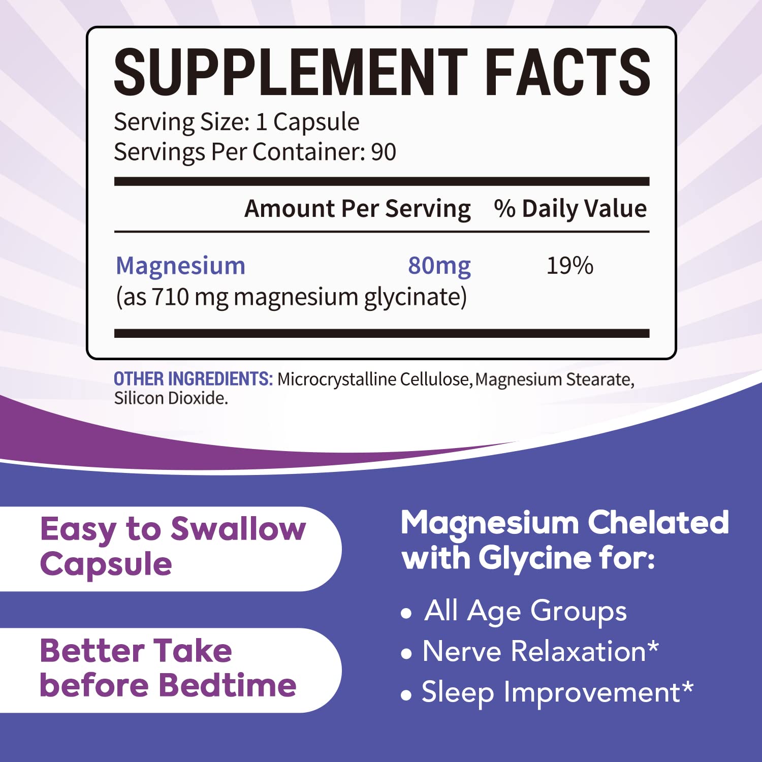 Surebounty Magnesium Glycinate Supplement for Sleep, 710 mg Chelated Magnesio Glycinate (80 mg Elemental Magnesio), Small Capsules for Kids & Adults, Easy to Swallow 90 Capsules
