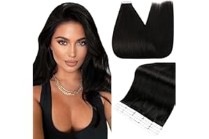FSHINE Full Shine Tape in Hair Extensions Human Hair Black 18inch Straight Tape in Extensions Natural Black #1B 50Gram 20Pcs Invisible Skin Weft Seamless Human Hair Extensions Tape ins Human Hair Extensions