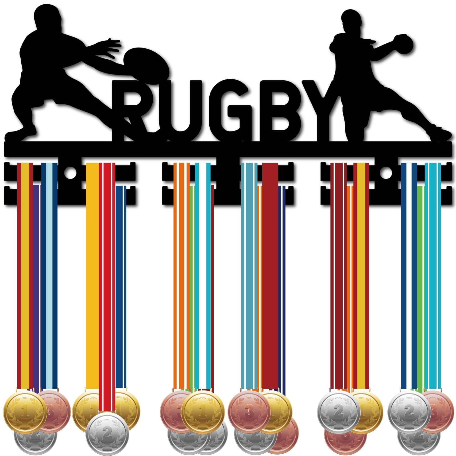CREATCABIN Rugby Medal Holder Display Medal Hanger Rack Acrylic Frame Wall Mount Decor 12 Small Hooks Medal Holders Organizer for Hanging Medals Awards Storage Player Medalist 11.4 x 5.1Inch Black