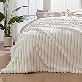 Lotus Karen Blanket for Bed Queen Size, Cozy Soft Fluffy Fuzzy Cream White Blanket, Striped Warm Thick Furry Plush Shaggy Large Blankets for Women, 90x90 Inches