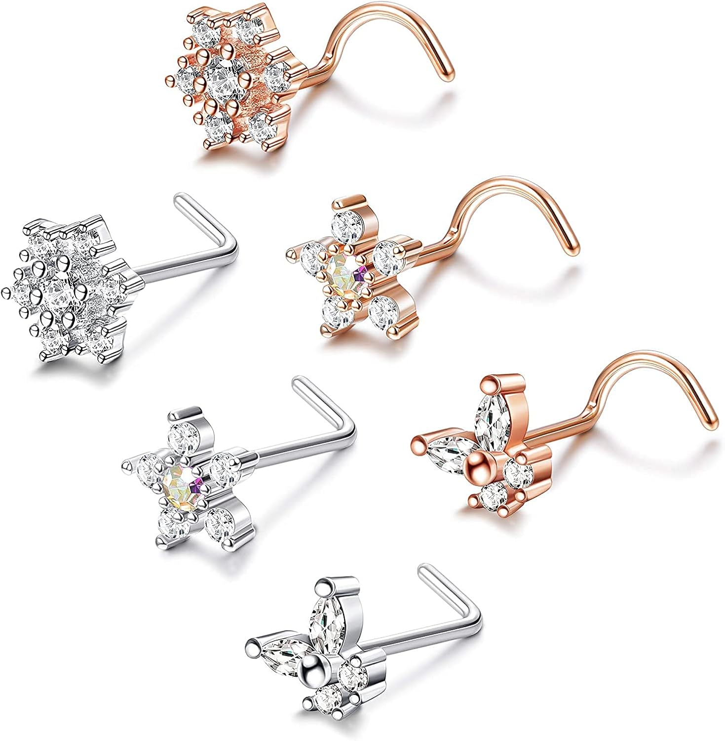 Milacolato 6Pcs 20G Flower Nose Rings L Shaped Nose Rings Snowflake