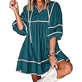 Cicy Bell Womens Babydoll Mini Dresses 3/4 Puff Sleeve V Neck Dress Casual Loose Fit Patchwork Pleated Swing Vacation Outfits