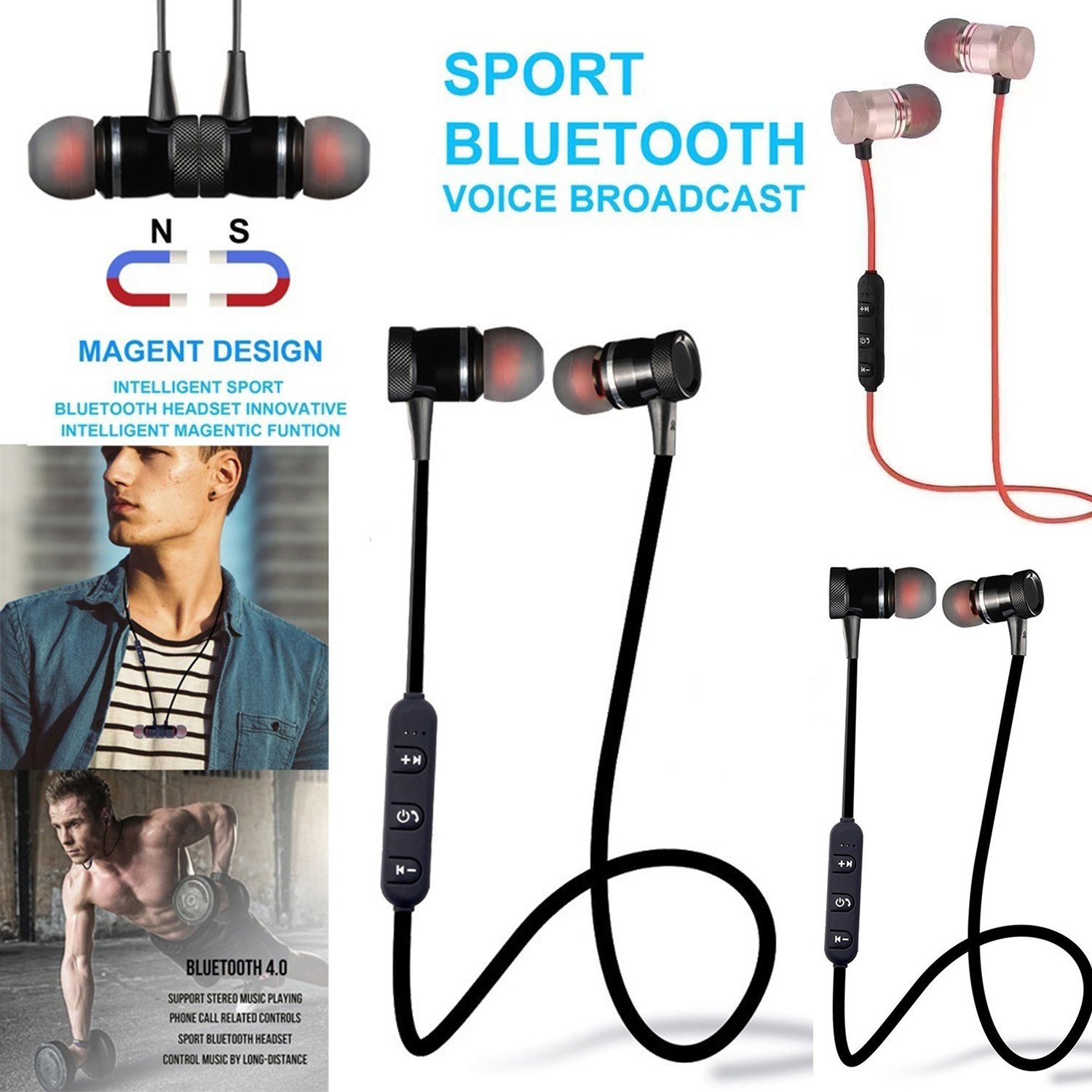 Onbio Sport Wireless Bluetooth Headset With Mic&LED General Stereo In-Ear Earphones Earbuds Handsfree Headphone (Black)