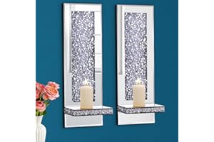 Aeveco Crystal Crush Diamond Mirrored Candle Sconces, Silver Wall Candle Holder Set of 2, Wall Decorations for Living Room，Di