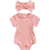FOMOYUU Newborn Baby Girl Clothes Summer Short Sleeve Jumpsuit Romper with Bow Headband Knit Ribbed Outfits