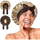 BONNET QUEEN Satin Bonnet Silk Bonnet for Sleeping Women Double Layer Reversible Hair Wrap Adjustable Small Sleep Cap for Curly Hair with Tie Band, Brown+Gold