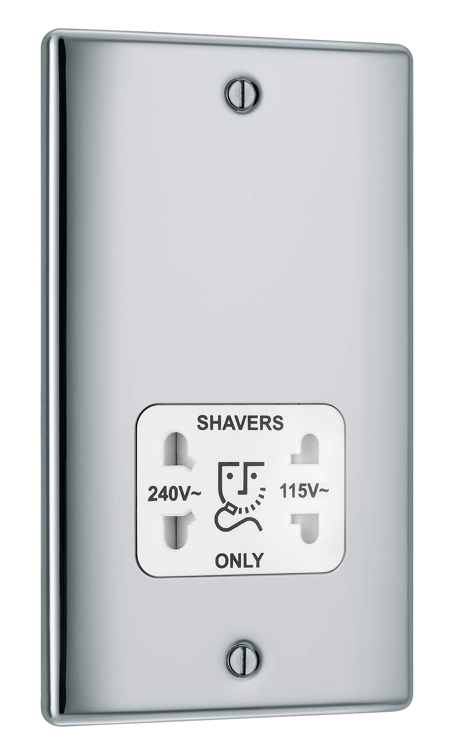 BG Electrical Dual Voltage Shaver Plug Socket, Electric Toothbrush Charger Socket, Bathroom, Raised and Slim Profile, Round Edges, Nexus Metal, 2-Pin, Polished Chrome,115V / 240V, NPC20W — image 1