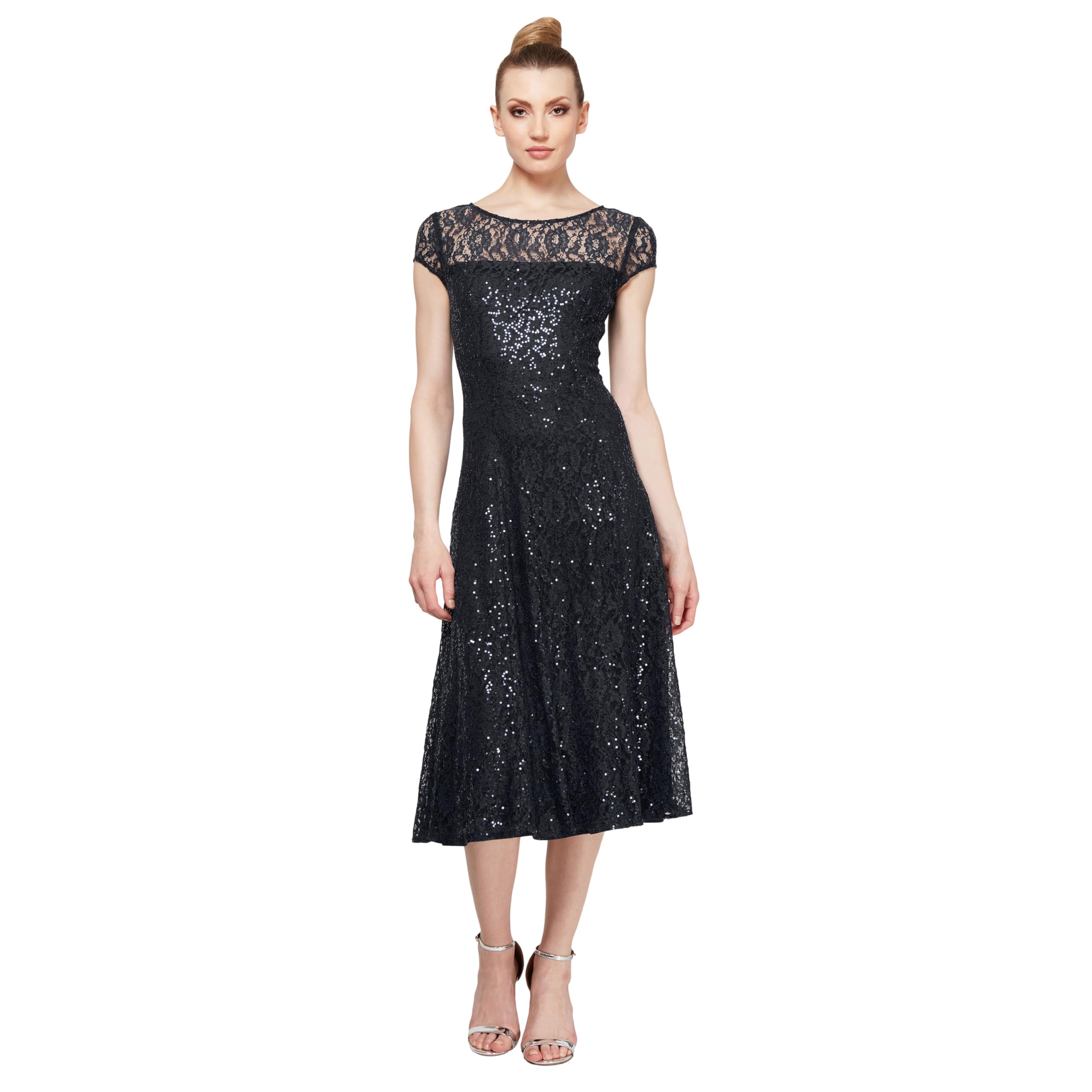 S.L. Fashions Women’s Petite Tea Length Cap Sleeve Line Dress, Black Sequin Lace, 16P