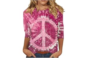 generic Love and Peace T Shirts for Women Fashion Tie Dye Floral Print 3/4 Length Sleeve Tops Loose Fit Crew Neck Blouses