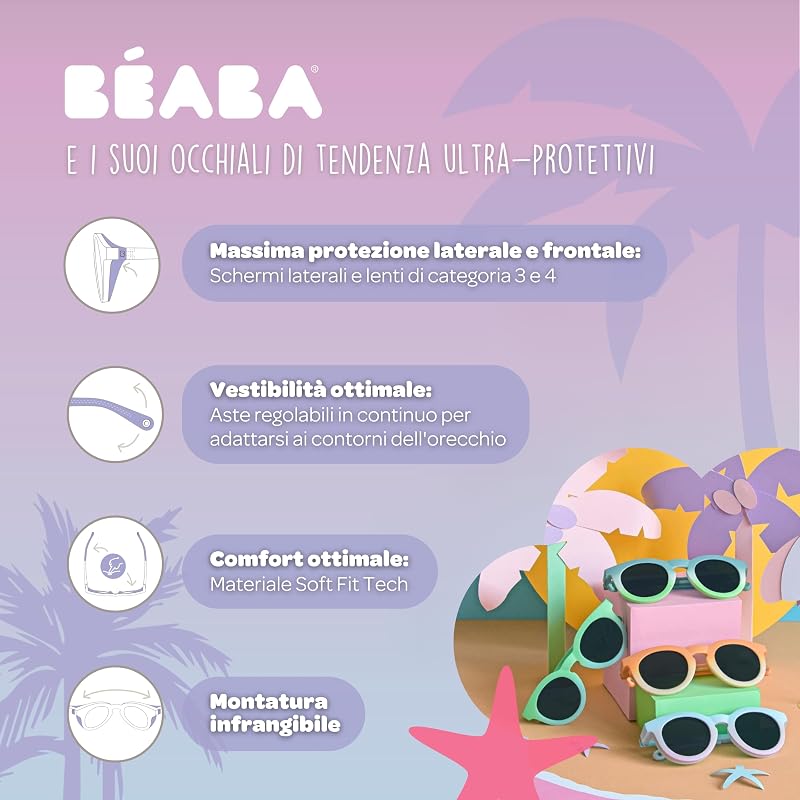 , Occhiali da sole per bambini 9-24 mesi, 100% protezione UV - CAT 3, protezione laterale, comfort ottimale, aste regolabili a 360°, Joy, rosa neon