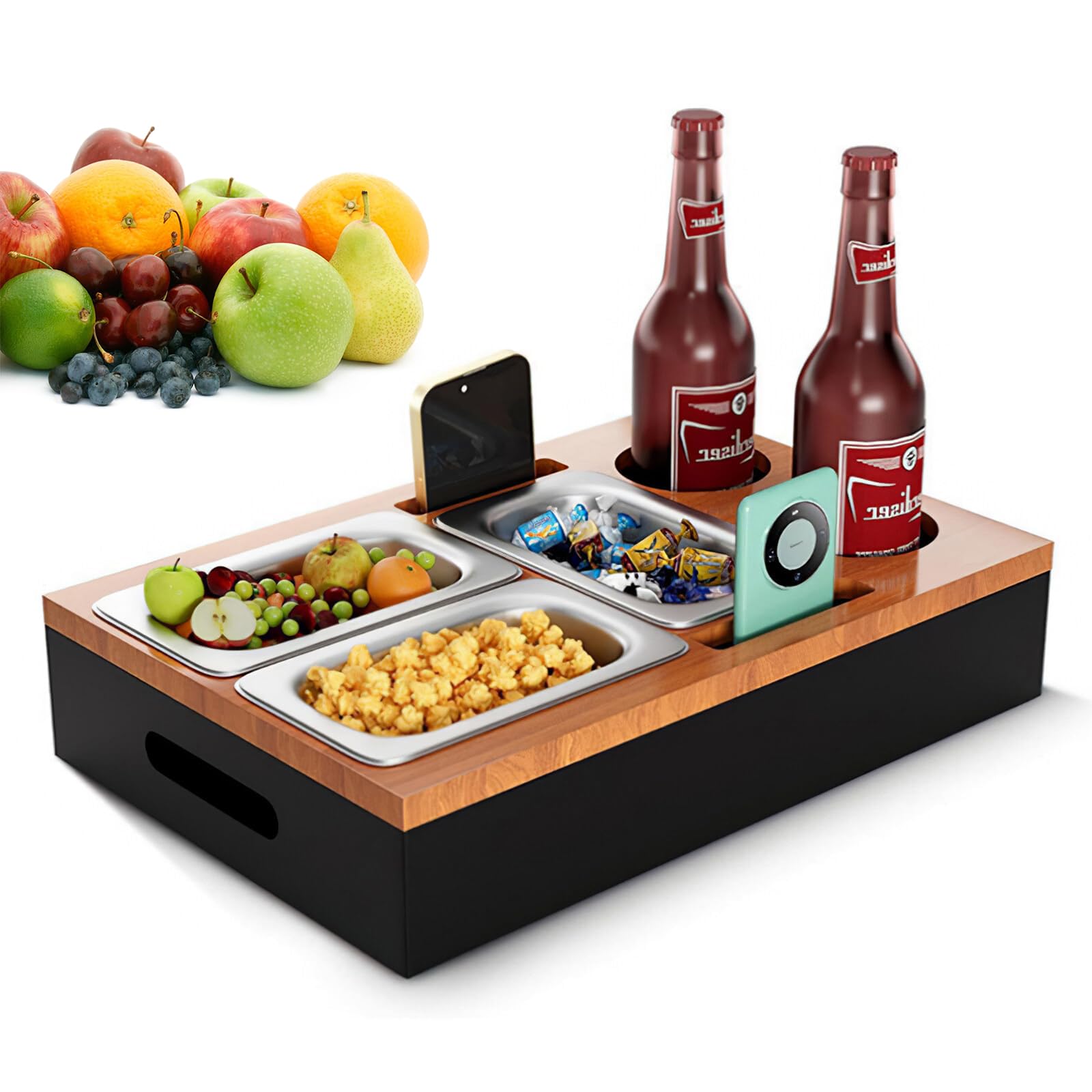 LeuKoles Couch Bar, Wooden Couch Organiser with Stainless Steel Snack Bowls, Drink and Remote Control Holder, Sofa Butler for Living Room