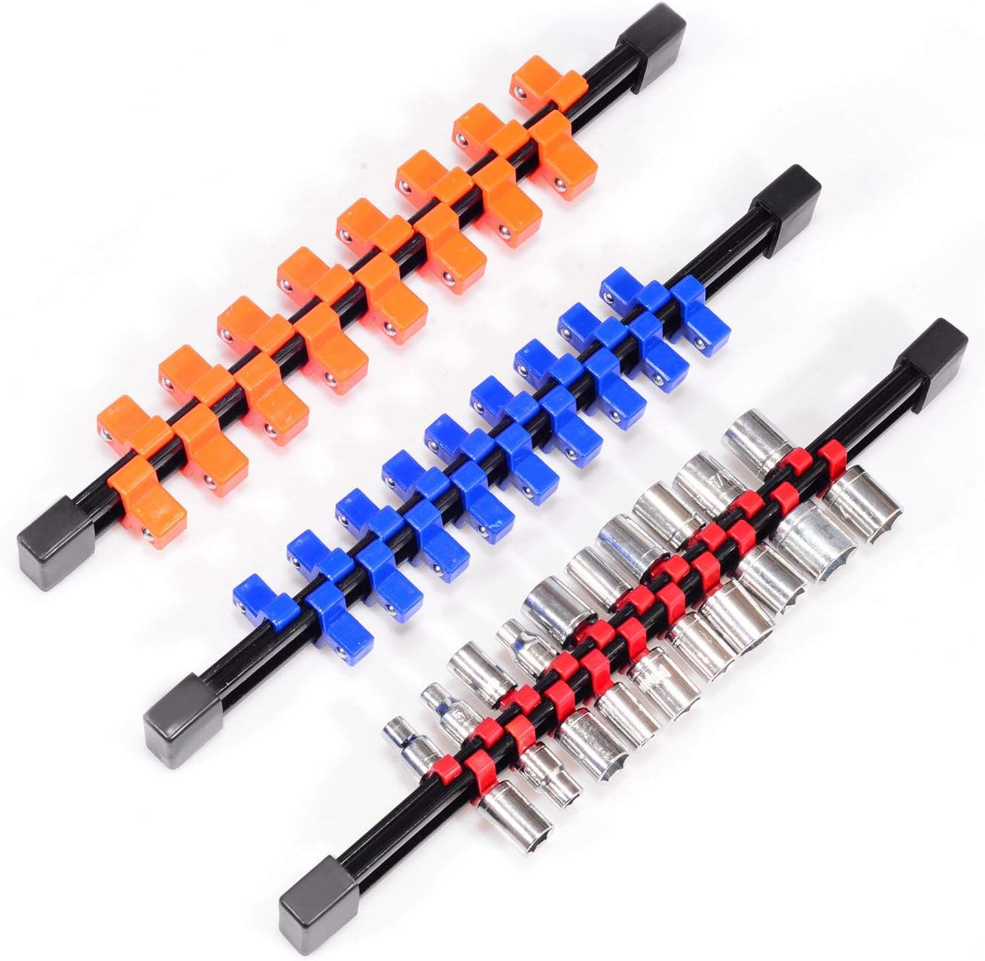 3PC Double Sided Socket Rail Holder Organizer, 1/4-Inch, 3/8-Inch, 1/2-Inch, Premium Quality Portable Socket Storage, Best Tool Gift for Men (Blue, Red, Orange)