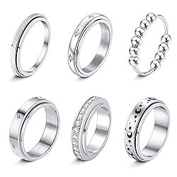 LOFITOR Silver Fidget Rings for Anxiety 6pcs