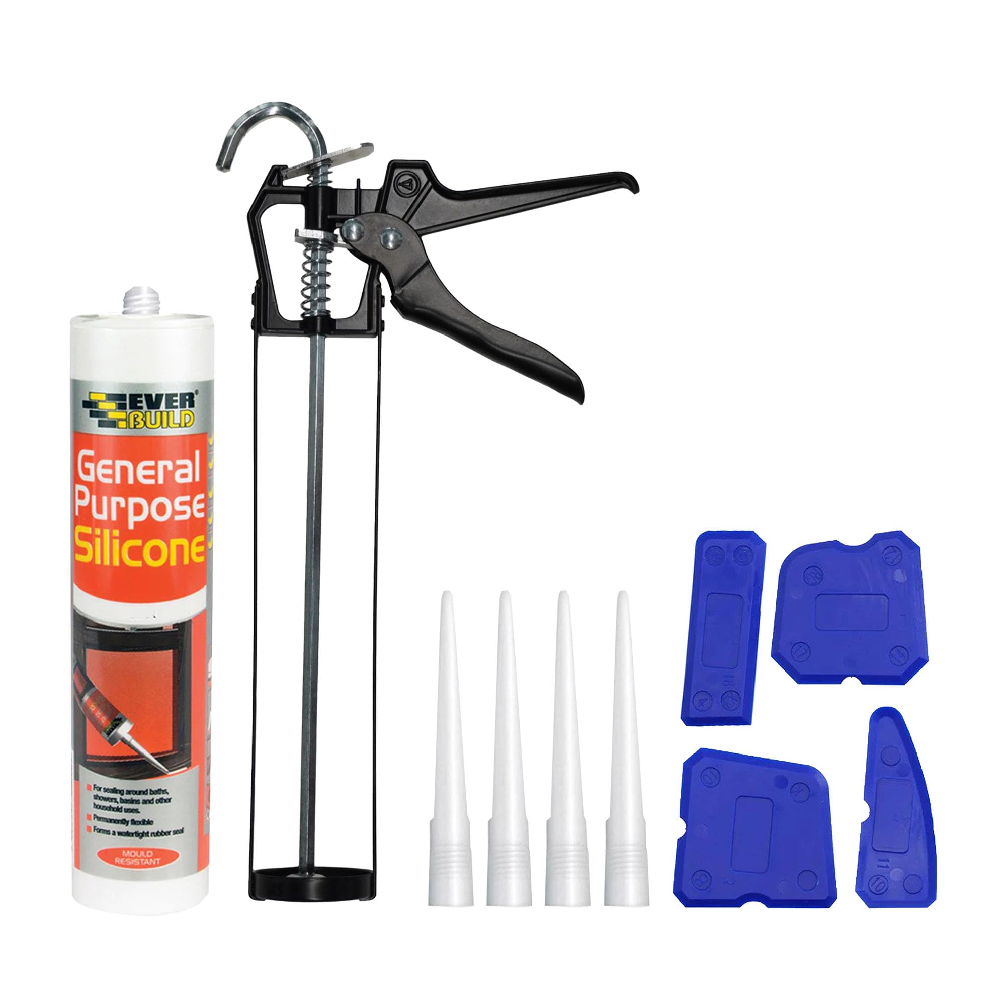 White Silicone Sealant Set - Everbuild General Purpose Anti Mould Waterproof Sealant, 11" Inch Black Caulking Gun, 4 Nozzles, 4 Piece Finishing Smoothing Tool, DIY Decorating, Professional Finish