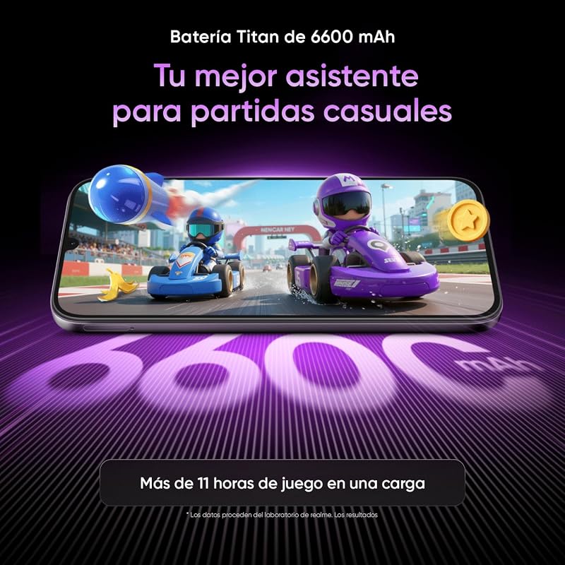 Smartphone realme P4 Lite 4G, 4GB+128GB, Pantalla LCD HD 120Hz 6,8", Batería Titan 6600mAh, Carga 15W, Carga inversa 6W, IP64 Antipolvo e Impermeable, Sistema Next IA, Púlsar Morado (Sin Cargador)