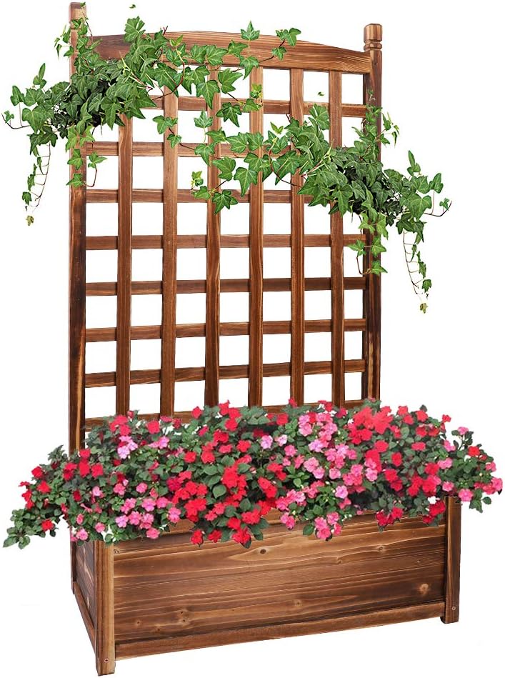 Medla Rankgitter mit blumenkasten, Rankkasten Holz, Hochbeet Pflanzkübel Pflanzkasten Balkon, Garten wetterfest, Natur