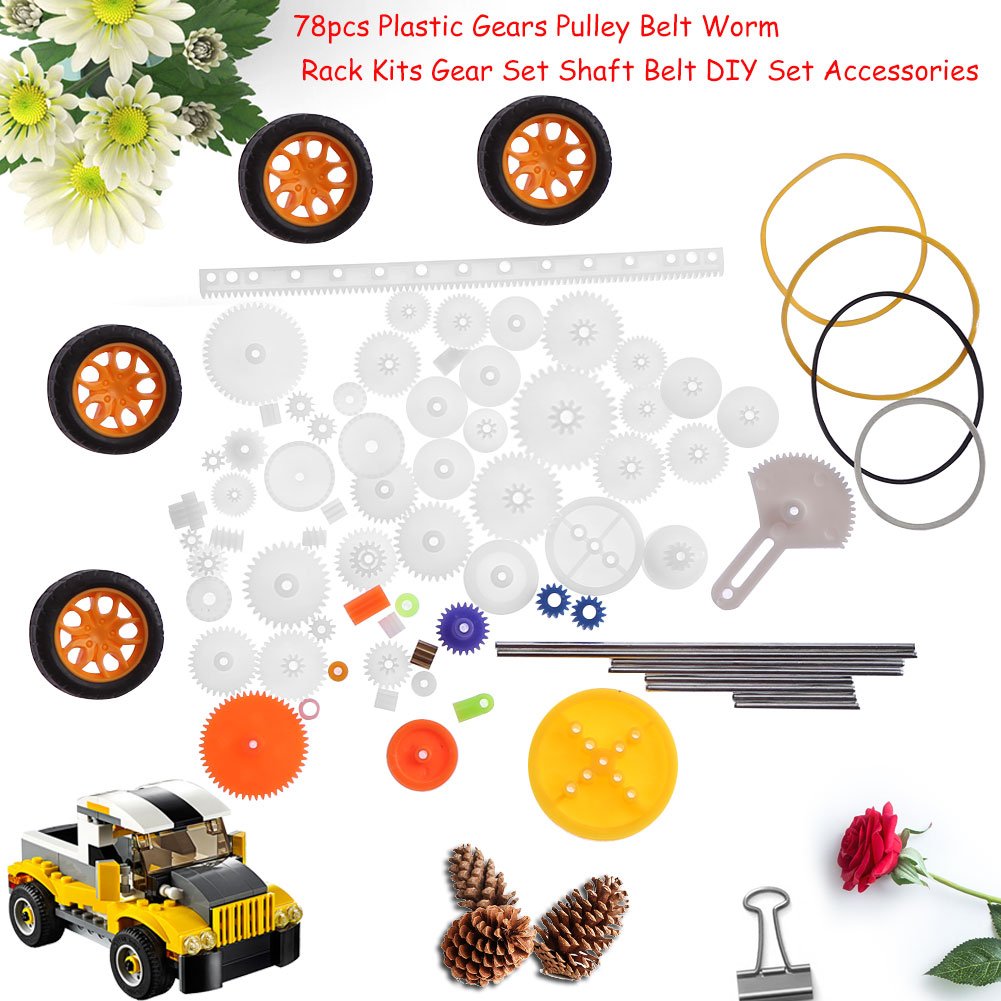 Walfront 78Pcs Motor Gears Kits Plastic Spindle Gear Set Gear Packages Robot Gear Pulley Shaft Belt Assembly for Robot Toy Automobile Cars DIY Kit Including Axle Tire Gear Bushings Rack