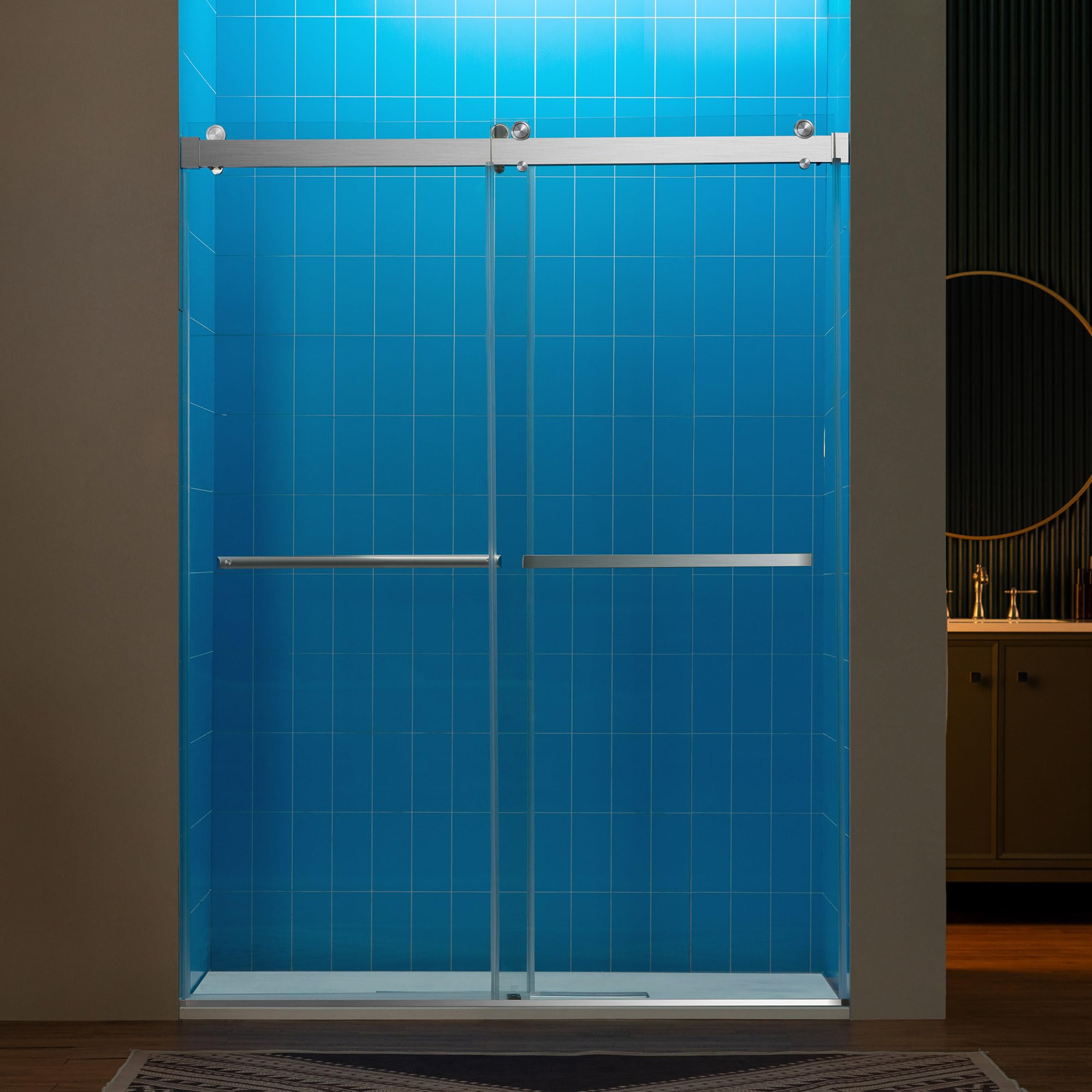 Photo 1 of Woodbridge 56-60" W x 80" H Frameless Double Sliding Soft-Close Shower Door,3/8(10mm) Tempered Glass with Explosion Proof Film in Brushed Nickel Finish