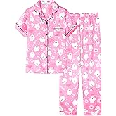 UNICABBIT21 Pink Ghosts Halloween Satin Pajamas for Big Girls Silk Button Down Short Sleeve & Pants PJS Clothes Size 8-16