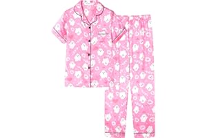 UNICABBIT21 Pink Ghosts Halloween Satin Pajamas for Big Girls Silk Button Down Short Sleeve & Pants PJS Clothes Size 8-16