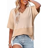 Dokotoo Oversized Tshirts for Women V-Neck Summer Tops Short Sleeve Fluffy Touch Waffle Casual Loose Fit Blouse