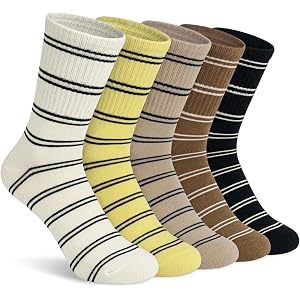 Women Casual Cute Striped Crew Socks - Cotton Retro Calf Socks for Women | 5 Pairs, Size 6-10,Soft,Cozy,Breathable,Ribbed Cuf