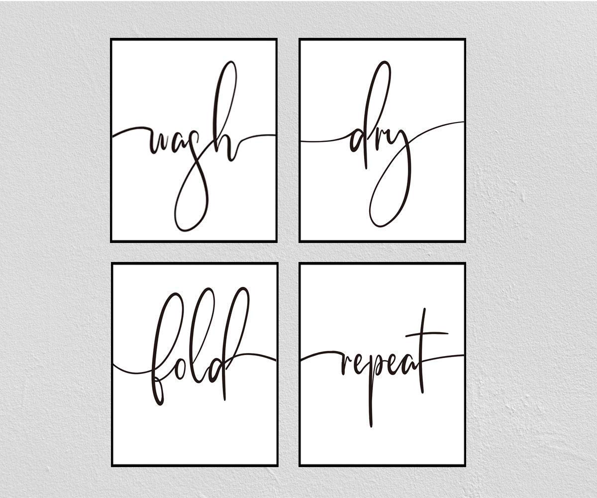 Laundry Signs Set of 4 - Wash Dry Fold Repeat - Modern Calligraphy - 8x10 Prints (Unframed) - Laundry Room Decor