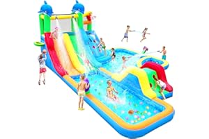 APODESS Large Inflatable Water Slide Bounce House 20Ftx14Ft Dolphin Styling Double Water Slide with Climbing Wall Pool Water Cannon Basketball 680W Blower for Kids Backyard Summer Birthday Party