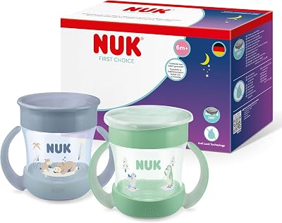 Mini Magic Cup Night vaso aprendizaje bebé, 6+ meses, Verde y gris, Vaso bebé 160 ml, borde antiderrame de 360°, asas antideslizantes, brilla en la oscuridad, 2 unidades