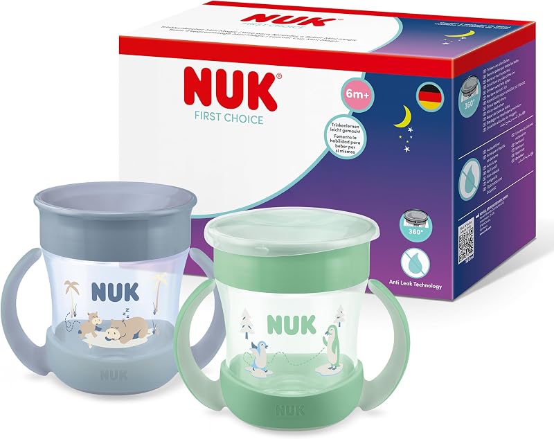 Mini Magic Cup Night vaso aprendizaje bebé, 6+ meses, Verde y gris, Vaso bebé 160 ml, borde antiderrame de 360°, asas antideslizantes, brilla en la oscuridad, 2 unidades