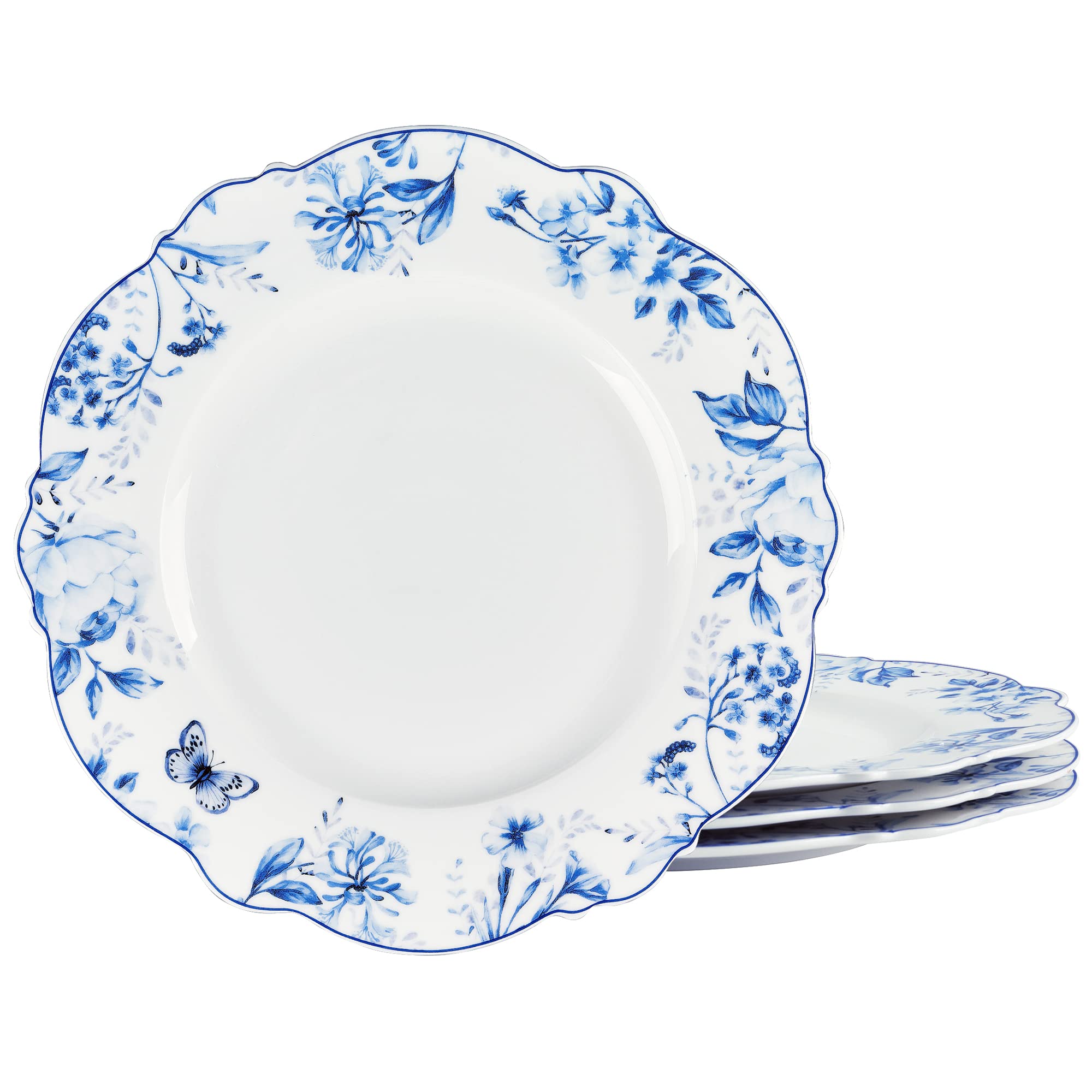 fanquare 28cm Pizza Pasta Serving Plates with Blue Floral Edge, Large Porcelain Round Plate, Party Plates Service for 4