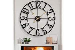 LEIKE Large Wall Clocks for Living Room,Silent,Non Ticking,Battery Operated Oversized Vintage Round Modern Metal Wall Clock for Bedroom,Farmhouse,Office Home Decor-24 Inch(Black-Arabic Number)