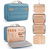 COOSKY Women's Hanging Toiletry Bag, Waterproof Travel Cosmetic Organizer with Jewelry Storage, Large Capacity Makeup Case for Full-Size Skincare & Bathroom Essentials, Portable Cosmetic kit, Blue