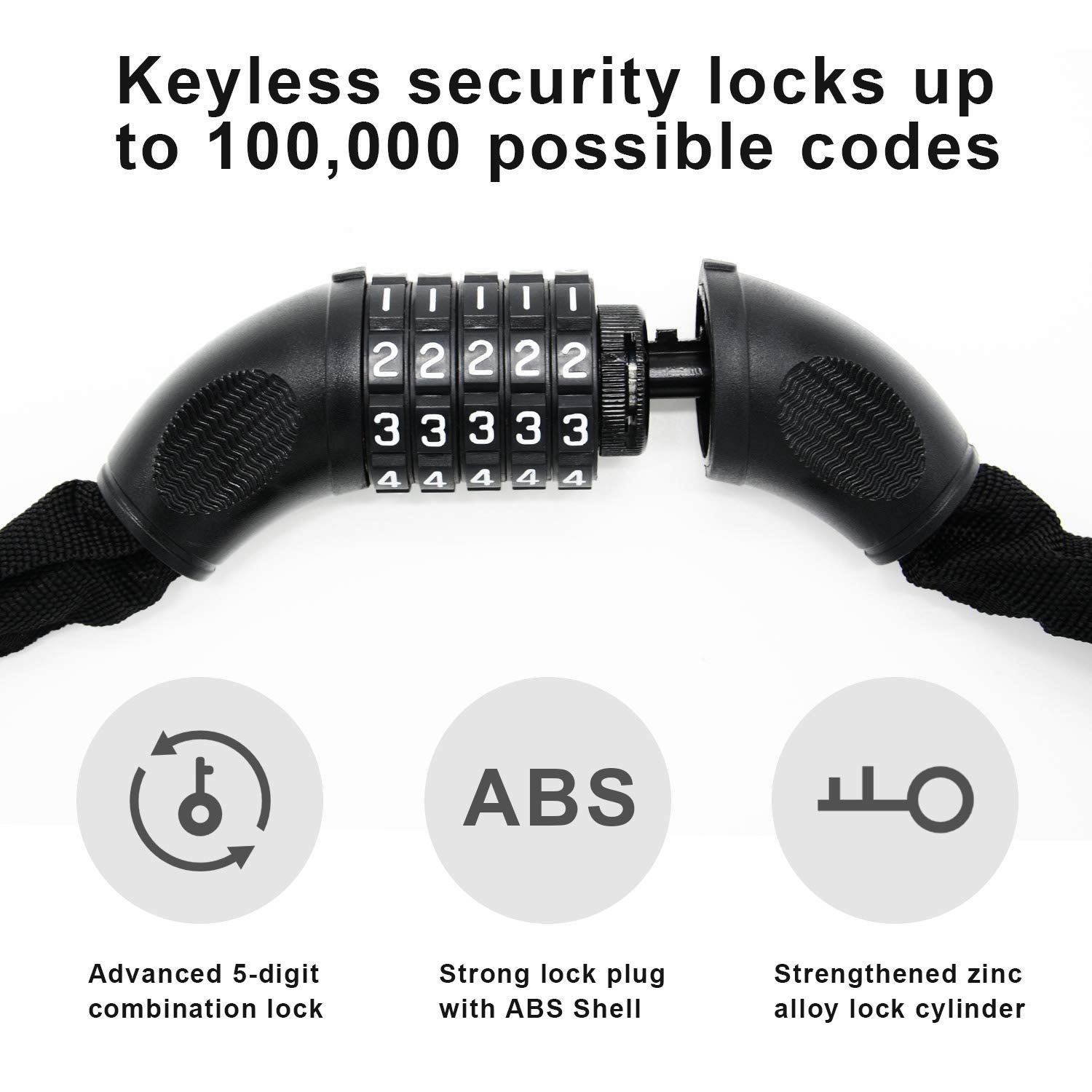 MUEAST Fahrradschloss, Zahlenschloss mit Stahlkettenglieder 7mm x 900mm Kettenschloss mit Zahlenkombination für Fahrrad und Motorrad, 860g (Black)