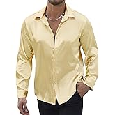 Vssjavun Mens Silk Satin Shirts Long Sleeve Button Down Loose Fit Dress Shirt Luxury Party Prom Wedding Shirts