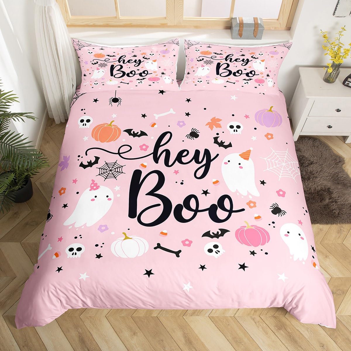 Pink Ghosts Duvet Cover Set Double Size, Halloween Theme Bedding Set 3pcs for Kids Girl Room Decor, Gothic Skull Spider Bat Pumpkin Comforter Cover Soft Polyester Quilt Cover with 2 Pillowcases