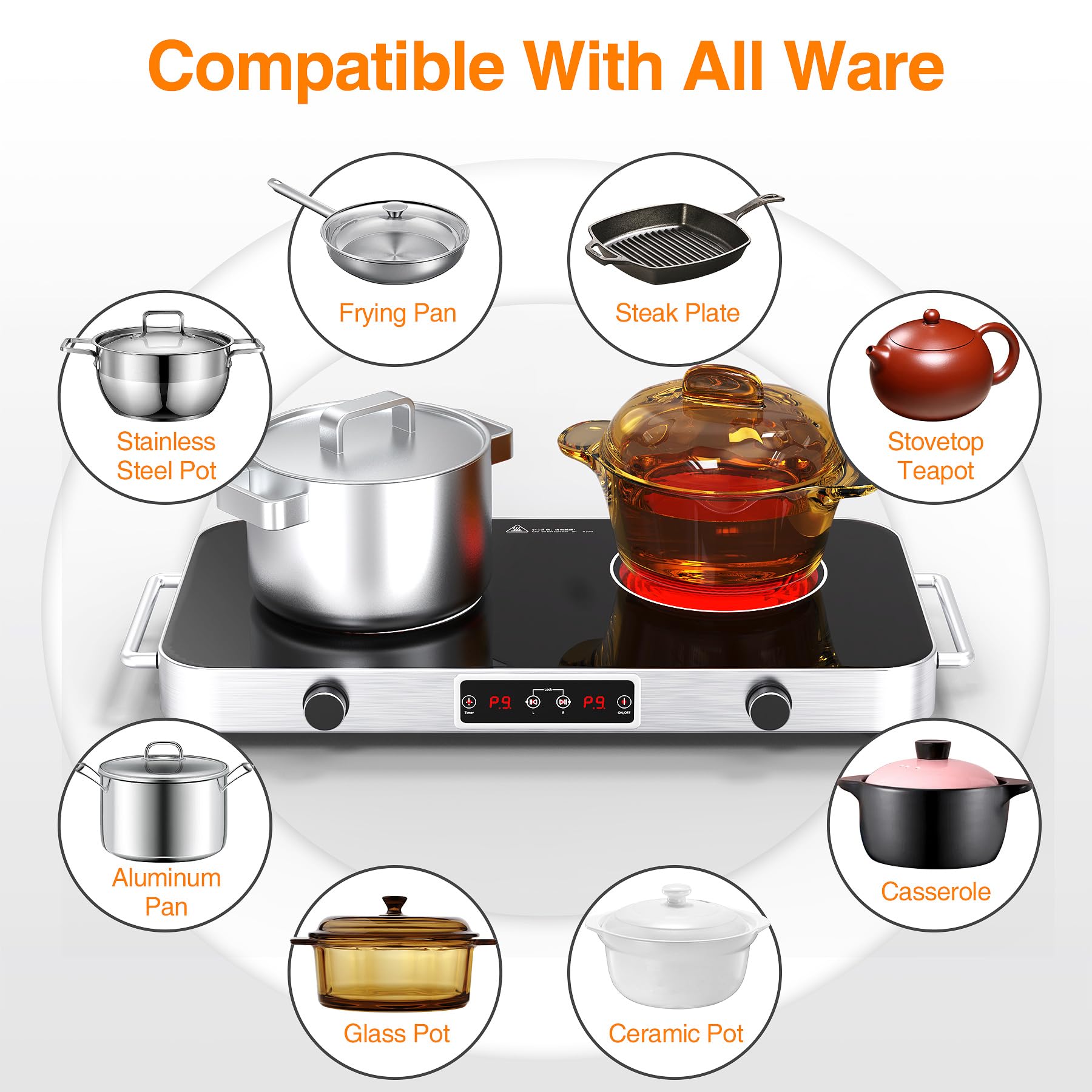 VBGK Cooktop,110V 2200W Stove with Knob Control,9 Power Levels, Kids Lock & Timer,LED touch control,Overheat Protection Stove Top,12 Inch desktop 2 burner cooktop