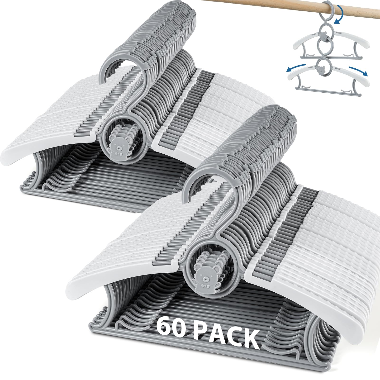 Photo 1 of Baby Hangers 60 Pack Kids Hanger-Extendable Adjustable Non-Slip Plastic Kid Hanger for Closet,Stackable Baby Clothes Hangers for Toddler Kids Children Infant Teen,Grey Bear Toddler Hangeres