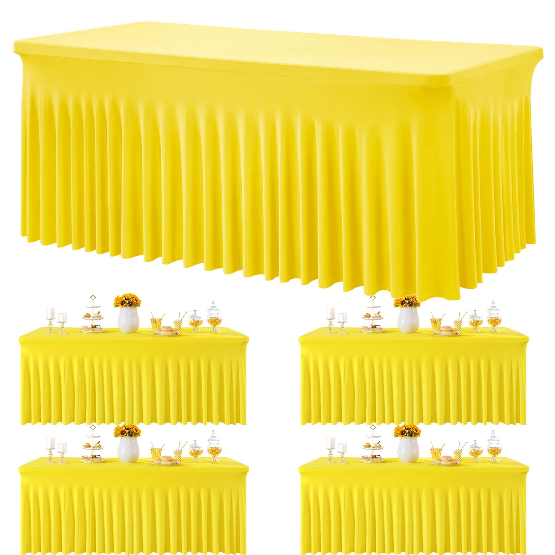 Photo 1 of 4 Pack Yellow Spandex Tablecloths for 6 Foot Rectangle Tables, Wrinkle Free Lemon Fitted Tablecover 6ft Stretchy Table Clothes Desk Skirt for Weddings Birthday Party Banquet Baby Shower