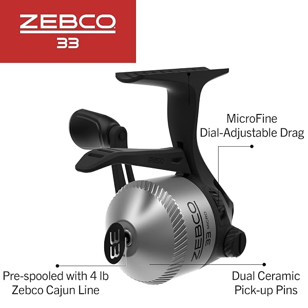 ZEBCO 33 MICRO TRIGGER SPINCAST FISHING REEL, SIZE 10 REEL, RIGHT OR LEFT-HAND RETRIEVE, PRE-SPOOLED WITH 4-POUND ZEBCO CAJUN LINE, SILVER/BLACK