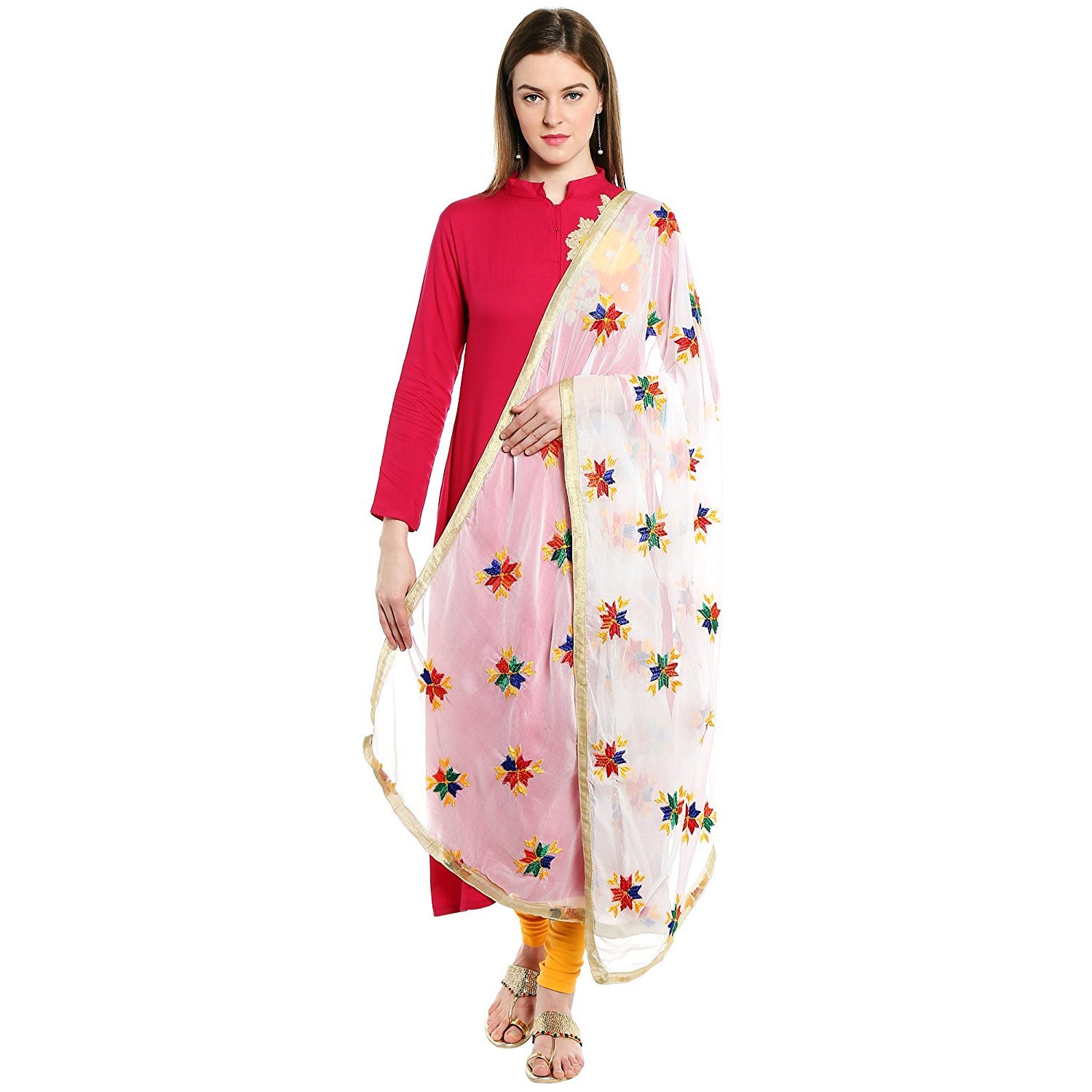fabreca women's chiffon phulkari dupatta (white)