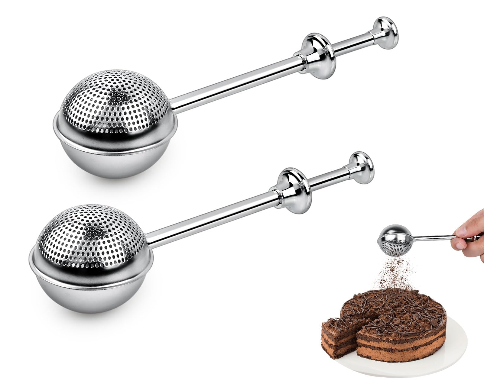 ds. distinctive style Flour Sifter 304 Stainless Steel Flour Duster Tea Strainer Set of 2 Spring-Operated Handle Strainer for Baking, Sifting Sugar, Flour, Spices, and Herbs
