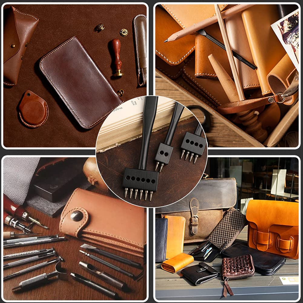 DIUDUS Prong Punch, Black Leather Punch Tool 4mm, 2/4/6 Lacing Stitching Punch, Round Hole Prong Stitching Chisel Set Leather Working Tools for Leathercraft