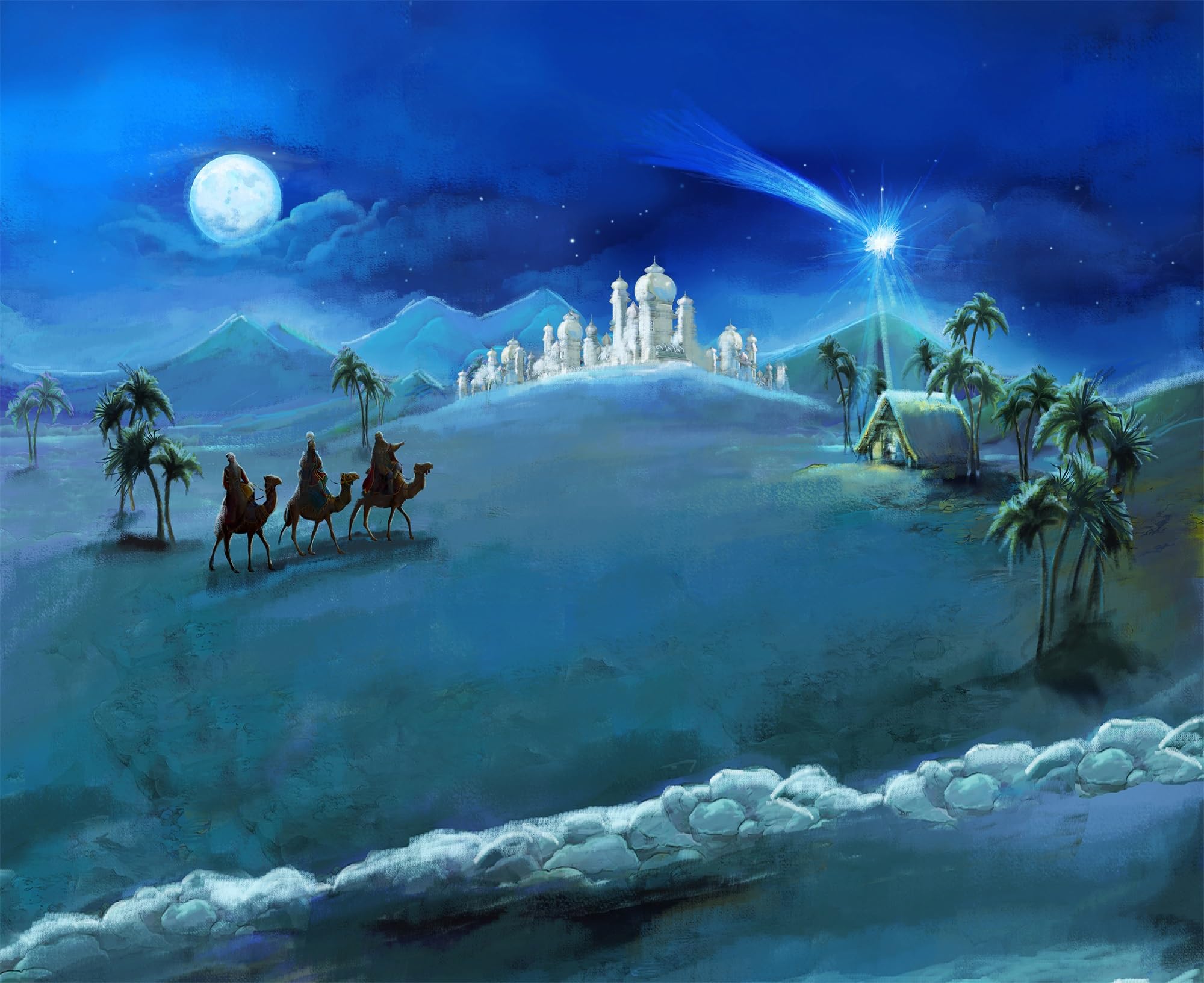 BELECO 3x2.5m Nativity Scene Backdrop Christmas Night Stars Holy Family and Three Kings Desert Castle Cottage Manger Birth of Jesus Backdrop Outdoor Xmas Decor Church Religion Photo Booth Props