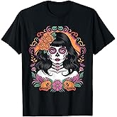 Day of the Dead Sugar Skull Woman with Colorful Flowers T-Shirt