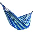 Sorbus Brazilian Double Hammock - Extra-Long 2 Person Portable Hammock Bed for Indoor or Outdoor Spaces - Hanging Rope, Carrying Pouch Included (Blue/Green Stripes)